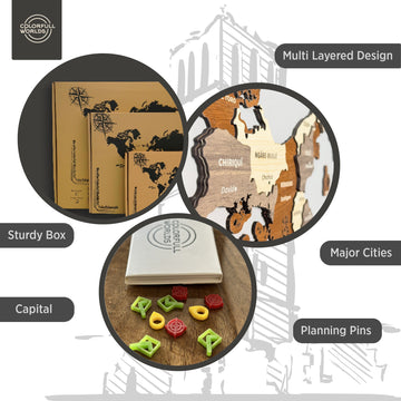 Wooden Panama map features: multi-layered design, capital and major cities, planning pins, sturdy box
