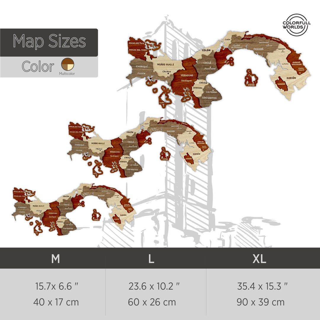 Size chart for the wooden Panama map: M 40 x 17 cm, L 60 x 26 cm, XL 90 x 39 cm