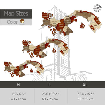Size chart for the wooden Panama map: M 40 x 17 cm, L 60 x 26 cm, XL 90 x 39 cm