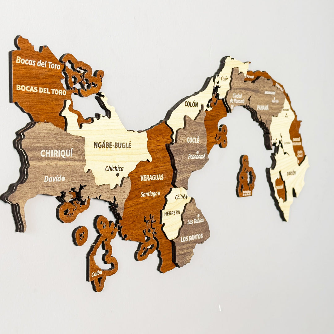 Angled close-up of Chiriquí, Veraguas and Bocas del Toro on the wooden Panama map