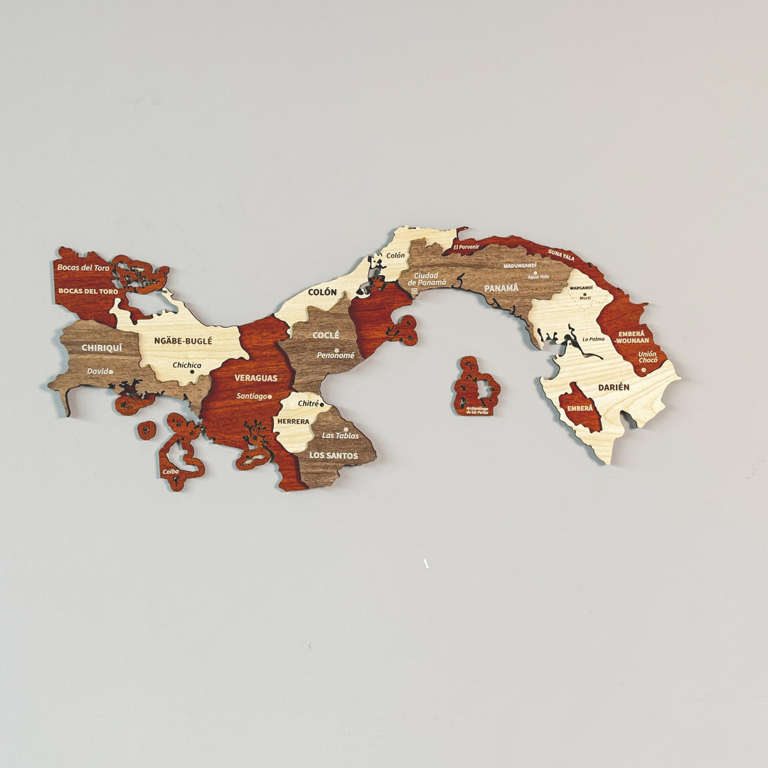Wooden Panama wall map with province names in red, brown and cream layers, front view