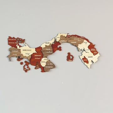 Wooden Panama wall map with province names in red, brown and cream layers, front view