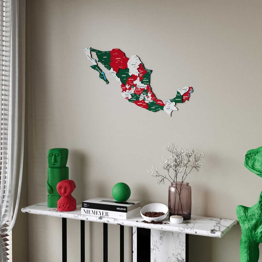 Flag color Mexico wooden wall map in green, red and white states above a marble console table, sheer curtain at the left