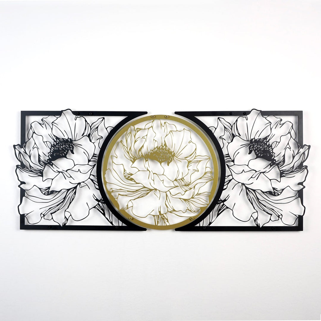 Black and gold peony flower metal wall art, front view