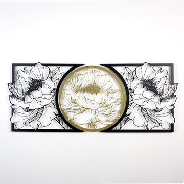 Black and gold peony flower metal wall art, front view
