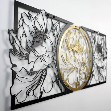 Peony flower metal wall art from the left, black flower panels and gold circle
