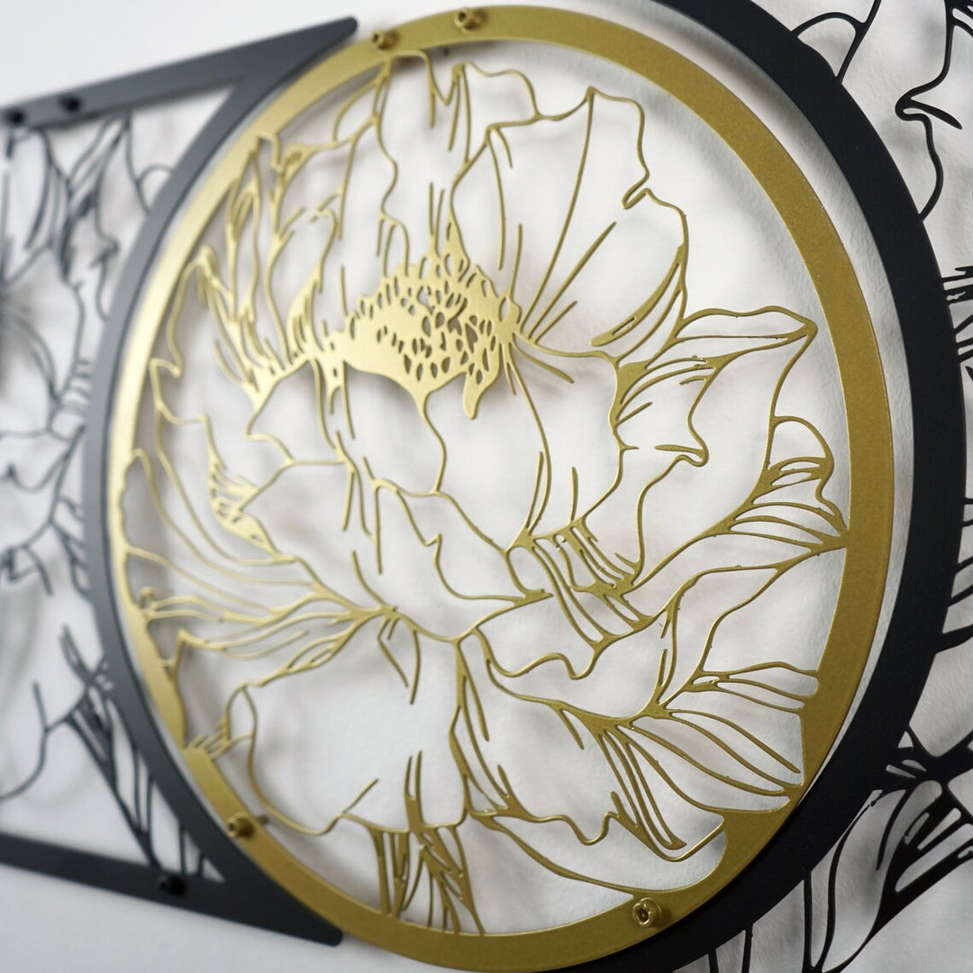 Close-up of the peony line drawing inside the gold circle