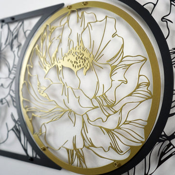 Close-up of the peony line drawing inside the gold circle