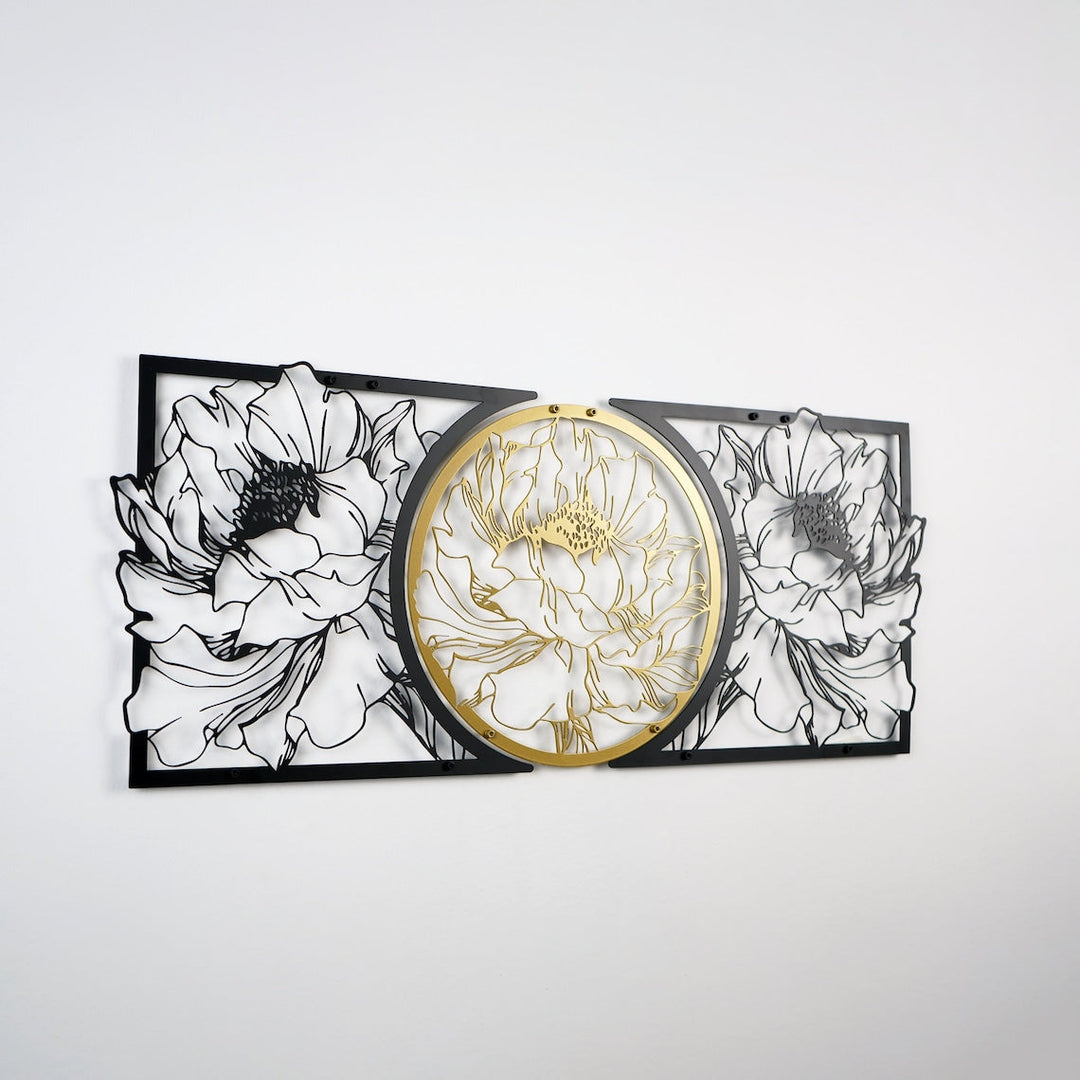Peony flower metal wall art on a plain wall, medium distance