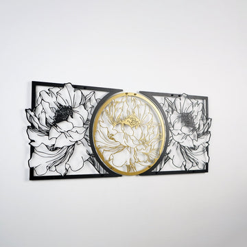 Peony flower metal wall art on a plain wall, medium distance