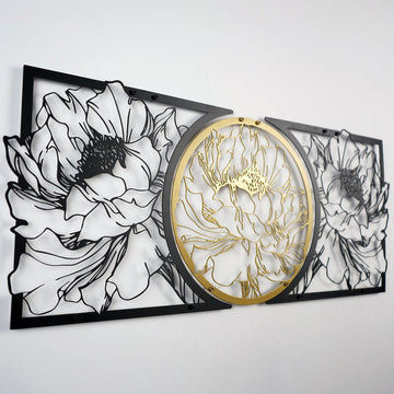 Black and gold flower metal art, close side shot of the petal lines