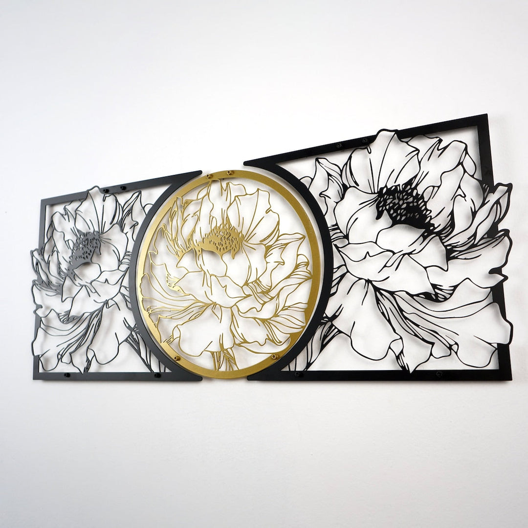 Floral metal wall decor, angled view of the right flower panel