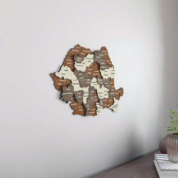 Romania wooden wall map above a desk edge with a tall vase at the right