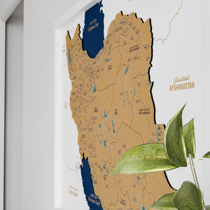 Framed Iran Cork Wall Map Decor
