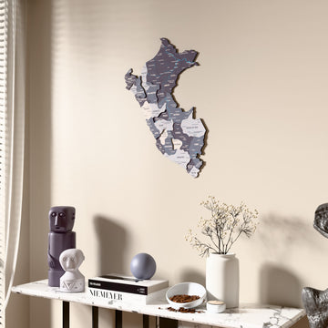 Nimbus Peru wooden wall map beside a sheer curtain, angled view