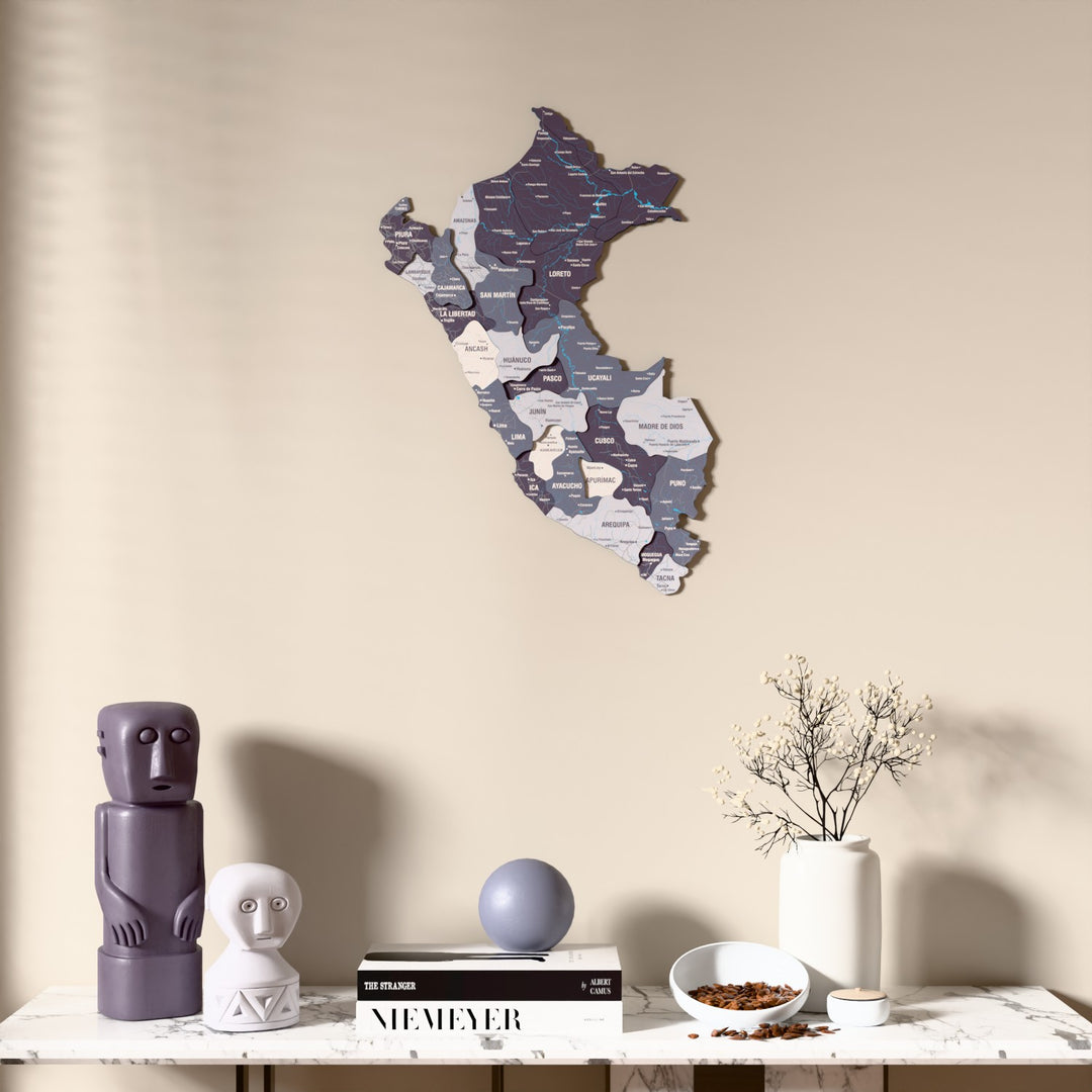 Nimbus Peru wooden wall map above a marble console, front view