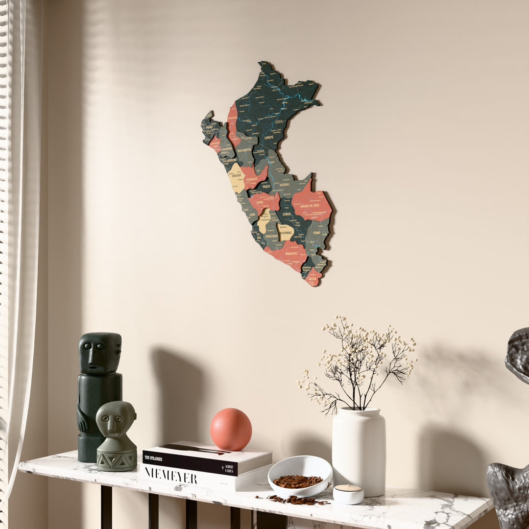 Sage Peru wooden wall map beside a sheer curtain, angled view
