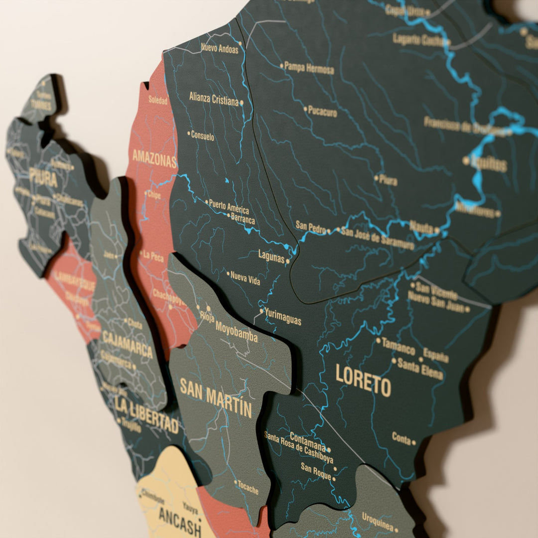 Close-up of the Sage Peru wooden wall map with layered regions and printed names