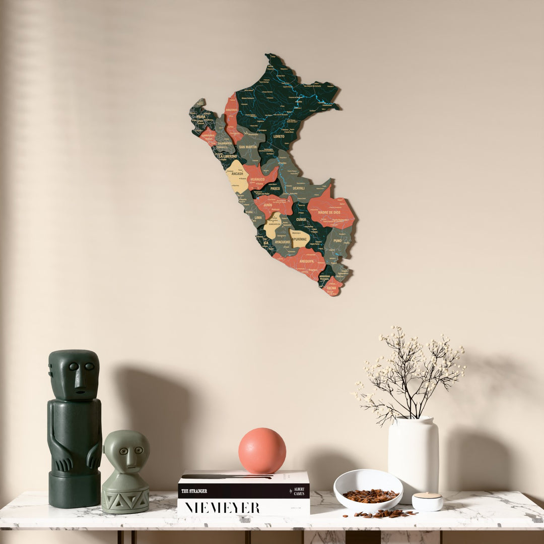 Sage Peru wooden wall map above a marble console, front view