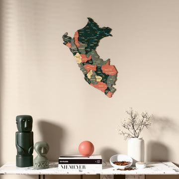 Sage Peru wooden wall map above a marble console, front view
