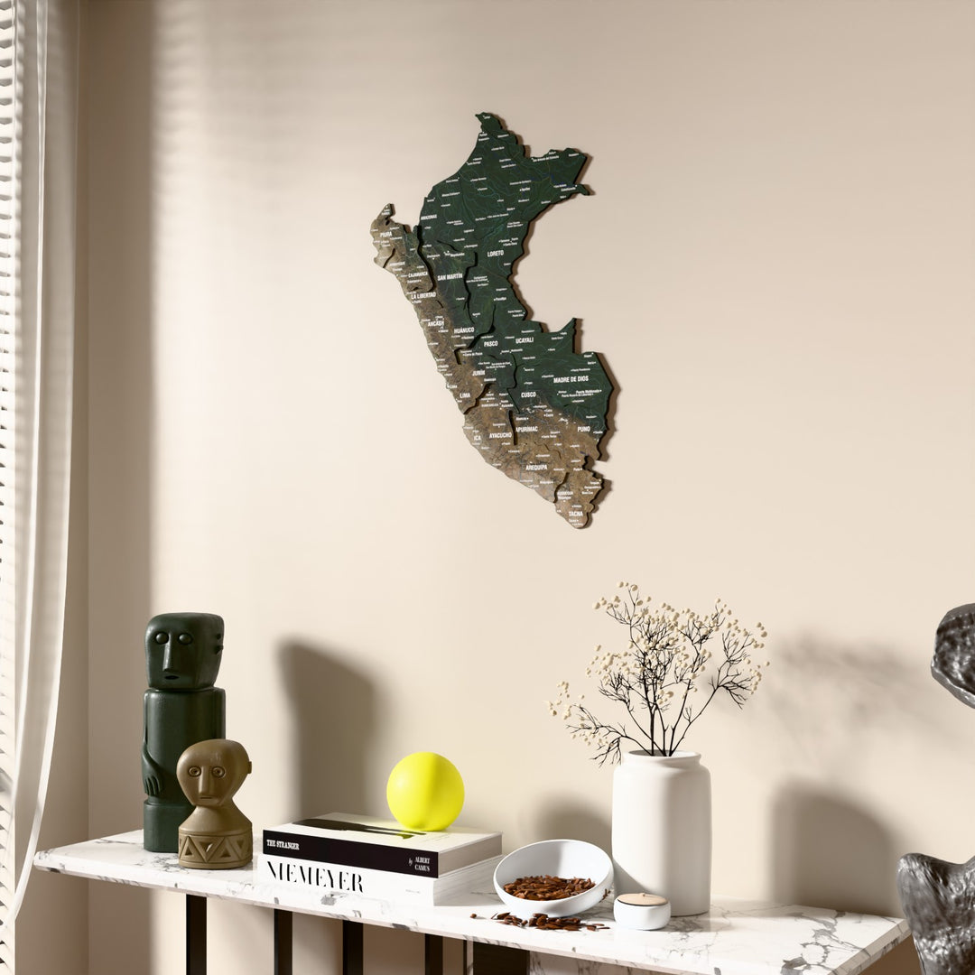 Satellite Peru wooden wall map beside a sheer curtain, angled view