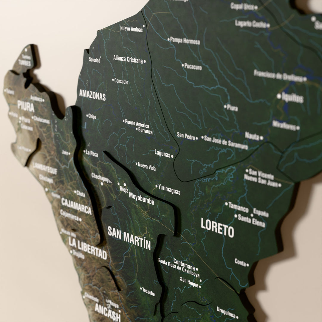 Close-up of the Satellite Peru wooden wall map with layered regions and printed names