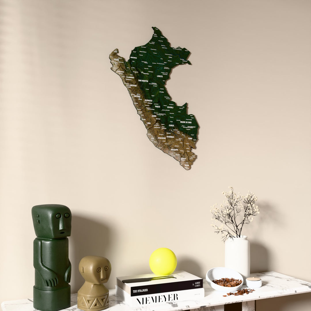 Satellite Peru wooden wall map on a beige wall above a console with figurines