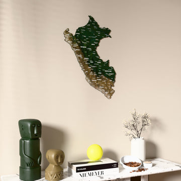 Satellite Peru wooden wall map on a beige wall above a console with figurines