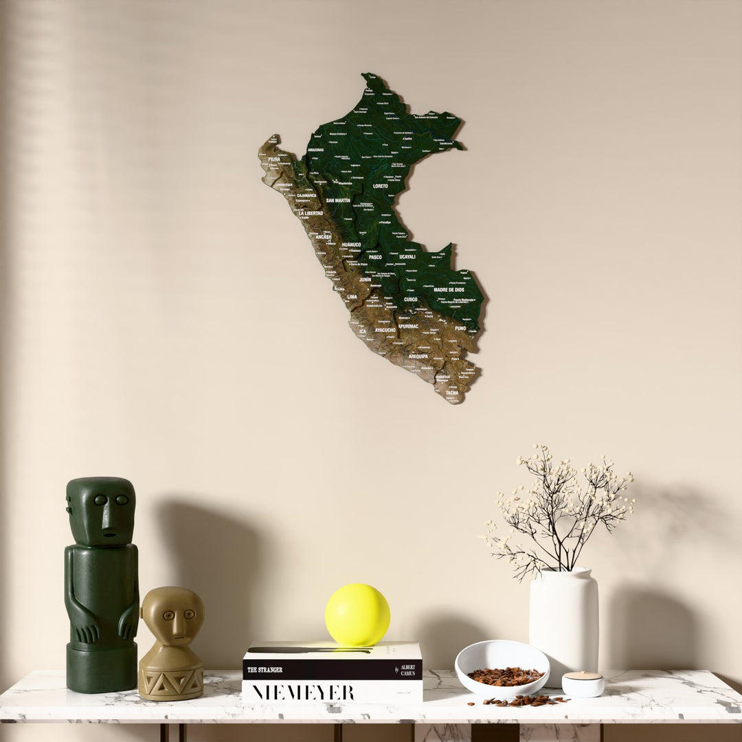 Satellite Peru wooden wall map above a marble console, front view