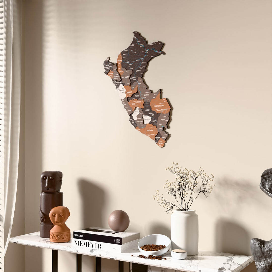 Soil Peru wooden wall map beside a sheer curtain, angled view