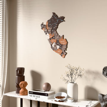 Soil Peru wooden wall map beside a sheer curtain, angled view
