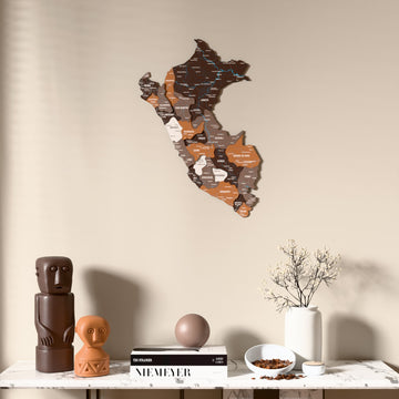 Soil Peru wooden wall map above a marble console, front view