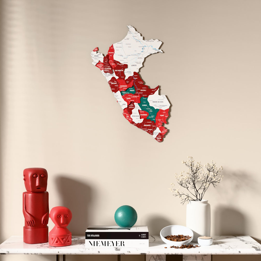 Flag colored Peru wooden wall map above a marble console, front view