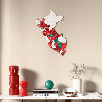 Flag colored Peru wooden wall map above a marble console, front view