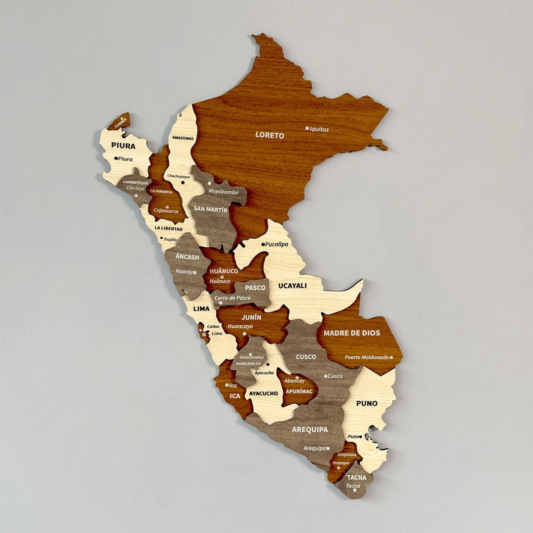Close view of the Peru wooden wall map showing Loreto, Cusco, Lima and other regions in layered wood