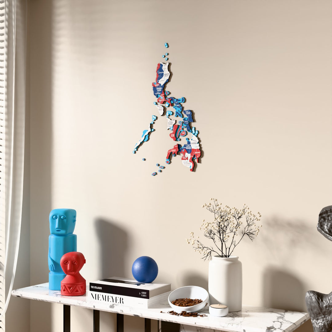 Flag colored Philippines wooden wall map beside a sheer curtain, angled view