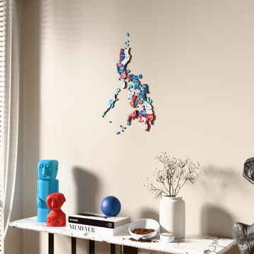 Flag colored Philippines wooden wall map beside a sheer curtain, angled view
