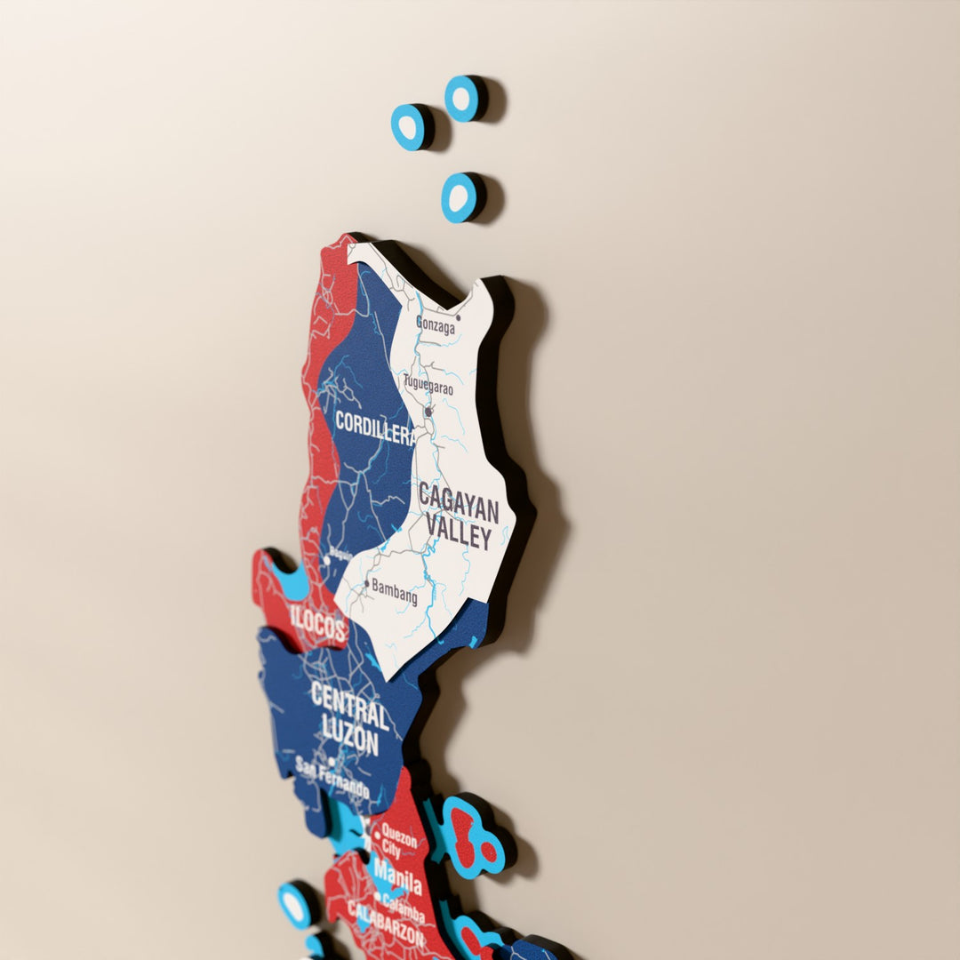 Close-up of the Flag colored Philippines wooden wall map with layered regions and printed names