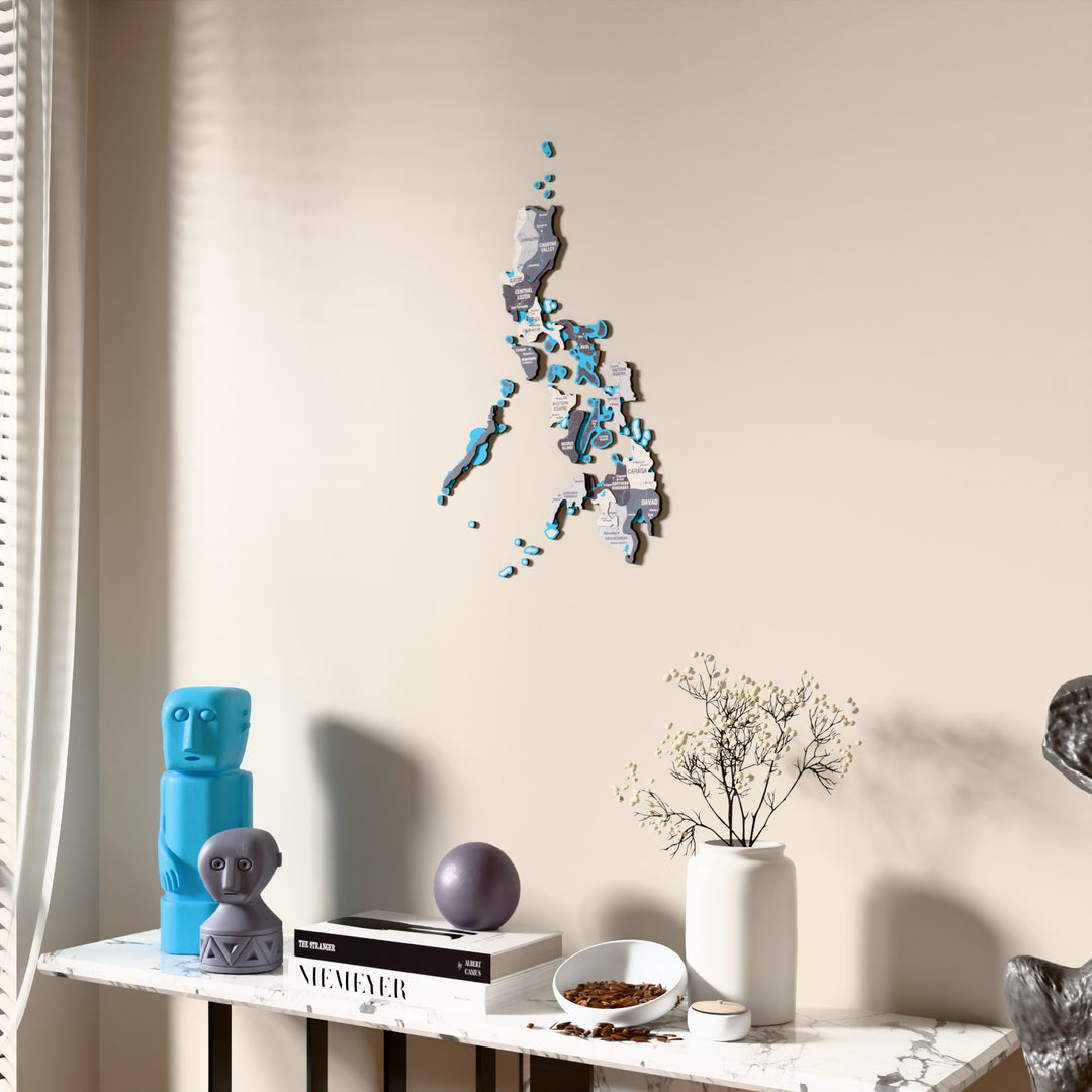 Nimbus Philippines wooden wall map beside a sheer curtain, angled view