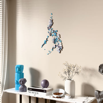 Nimbus Philippines wooden wall map beside a sheer curtain, angled view