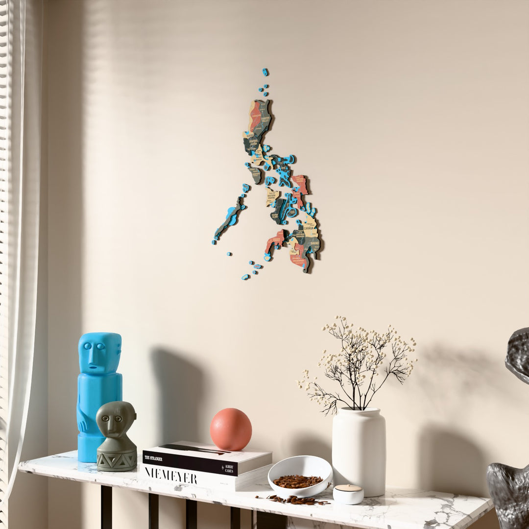 Sage Philippines wooden wall map beside a sheer curtain, angled view