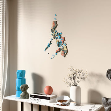 Sage Philippines wooden wall map beside a sheer curtain, angled view