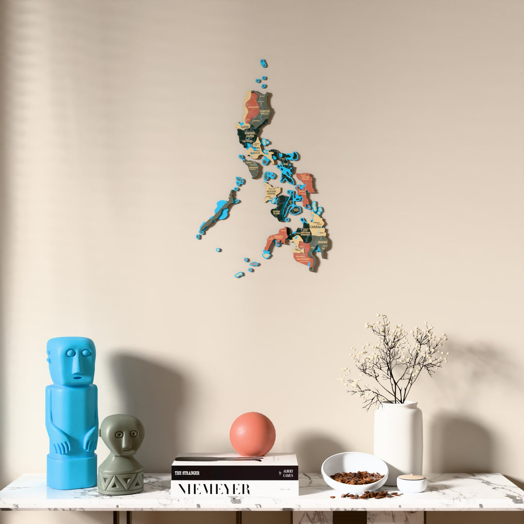 Sage Philippines wooden wall map above a marble console, front view
