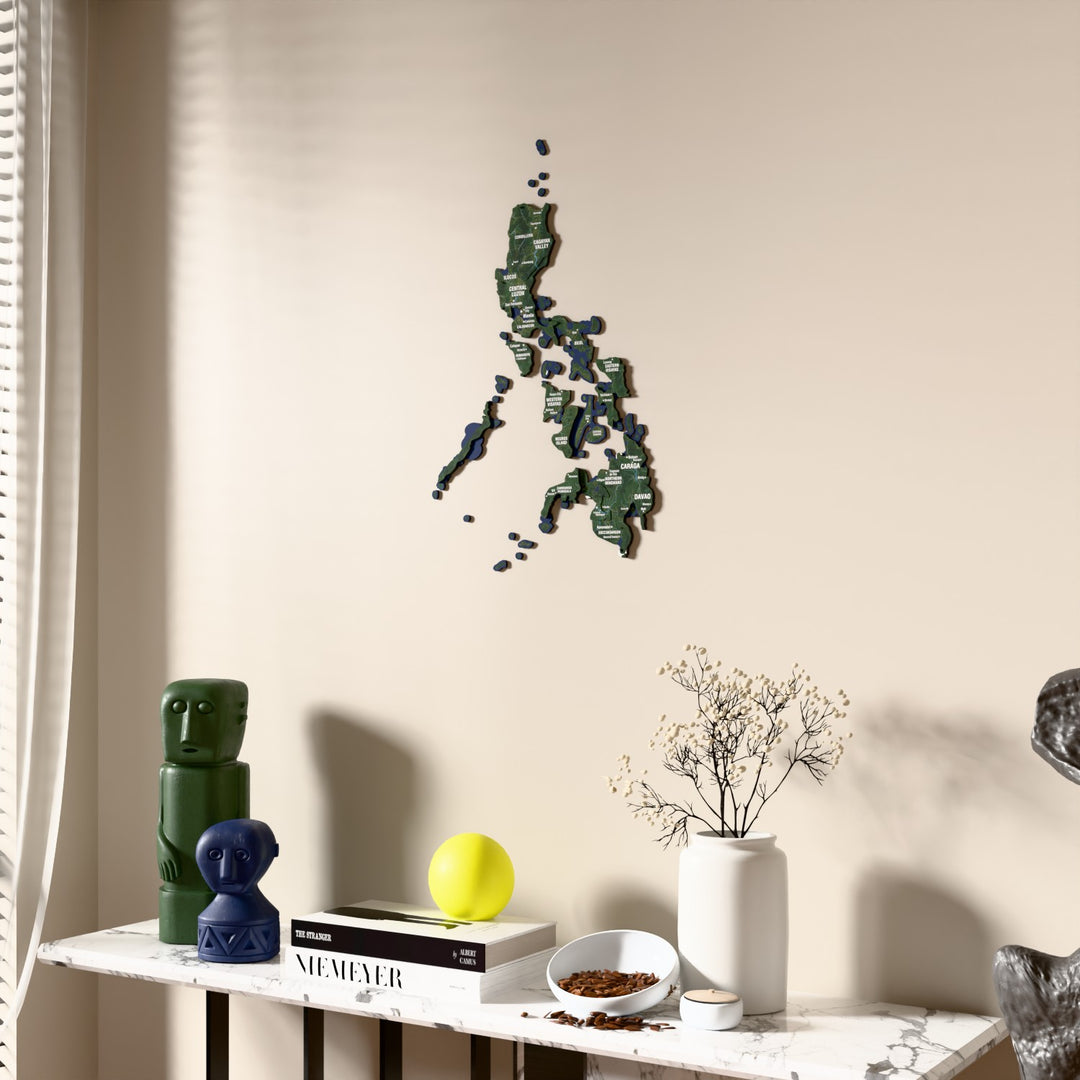 Satellite Philippines wooden wall map beside a sheer curtain, angled view