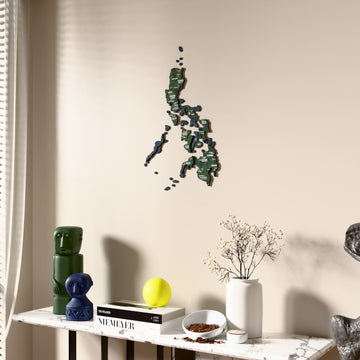 Satellite Philippines wooden wall map beside a sheer curtain, angled view