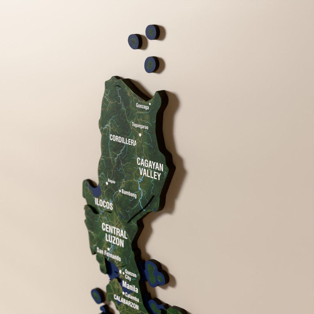 Close-up of the Satellite Philippines wooden wall map with layered regions and printed names