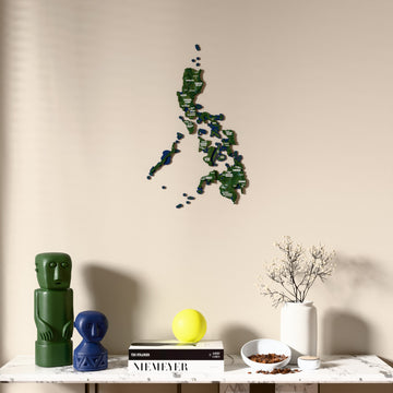 Satellite Philippines wooden wall map above a marble console, front view