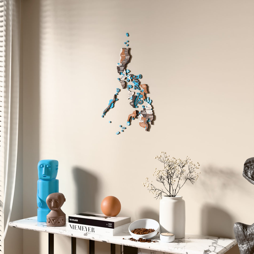 Soil Philippines wooden wall map beside a sheer curtain, angled view