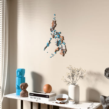 Soil Philippines wooden wall map beside a sheer curtain, angled view