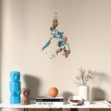 Soil Philippines wooden wall map above a marble console, front view